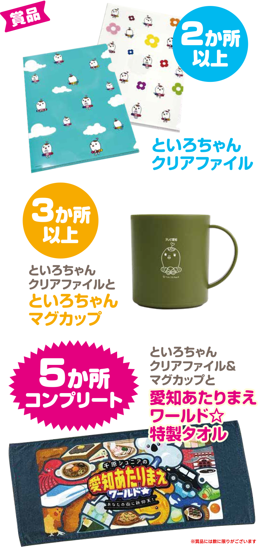 賞品　2か所以上　といろちゃんクリアファイル　3か所以上　といろちゃんクリアファイルとといろちゃんマグカップ　5か所以上　といろちゃんクリアファイル＆マグカップと愛知あたりまえワールド☆特製タオル
