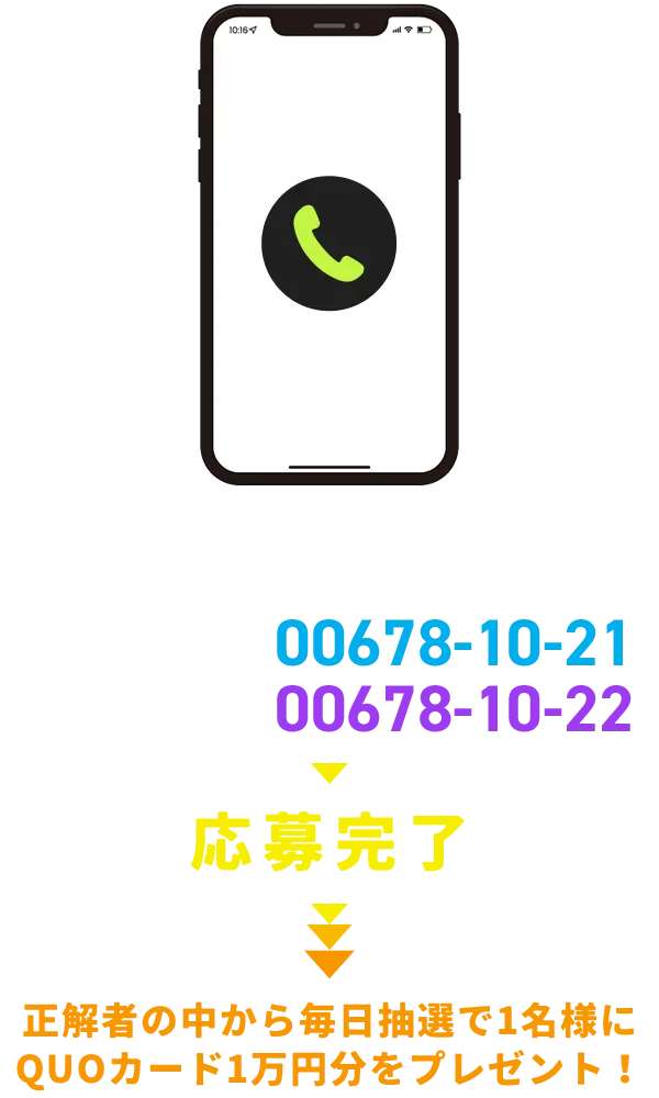 勝つか負けるかを予想して該当する番号へ電話をかけるだけ！①勝つ　00678-10-21　②負ける　00678-10-22　→　応募完了　→　正解者の中から毎日抽選で1名様にQUOカード1万円分をプレゼント！