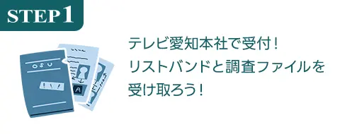 STEP1 テレビ愛知本社で受付！リストバンドと調査ファイルを受け取ろう！