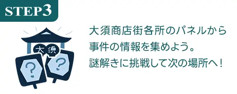 STEP3 大須商店街各所のパネルから事件の情報を集めよう。謎解きに挑戦して次の場所へ！